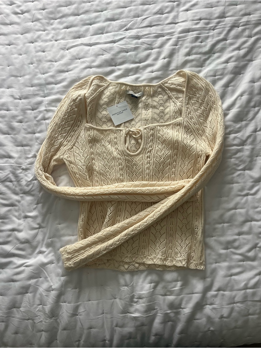 American Eagle Outfitters Cream Open-Knit Tie-Front Sweater